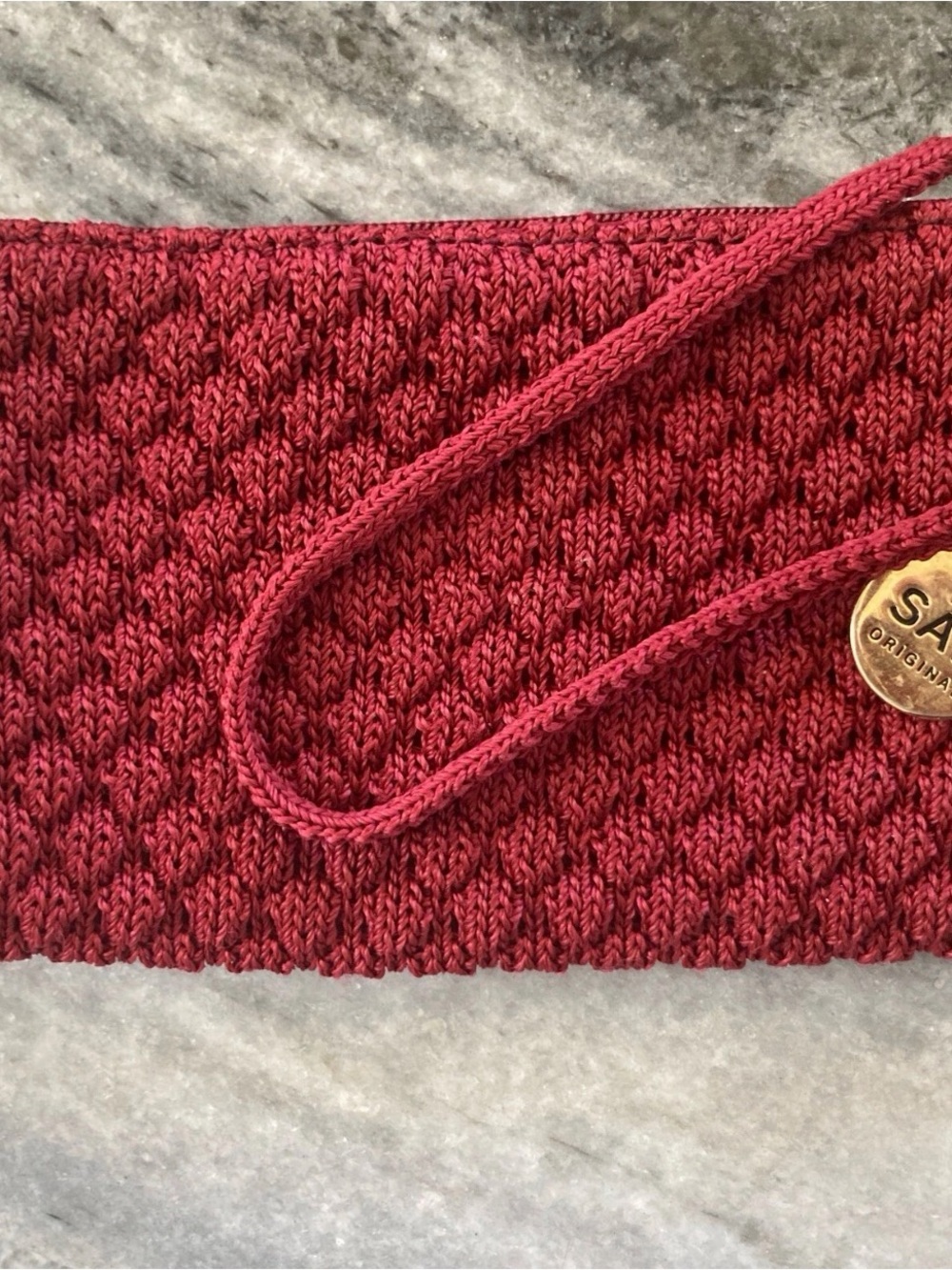 The SAK Original Garnet Red Crocheted Zip Wristlet - Small 7.5” x 4.5”